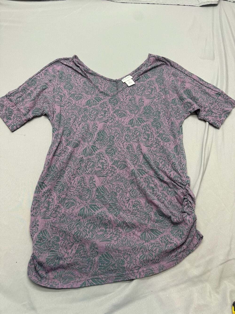 Motherhood Maternity Tunic Top Size L Purple Green Floral Short Sleeve